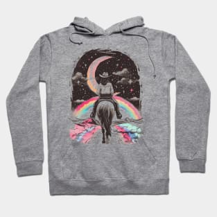 Moonlit Equestrian Dreams: Mystical Horseback Rider Under Starry Crescent Moon Art Hoodie